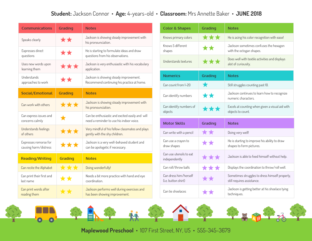 printable kindergarten report cards