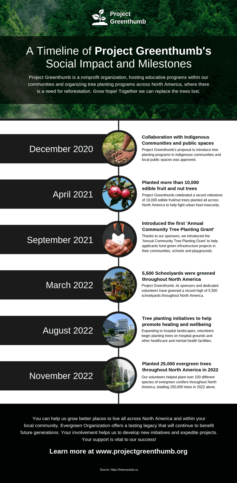 Plantilla de línea del tiempo para organizaciones sin fines de lucro en donde demuestra lo que hace y el impacto que causa en el mundo