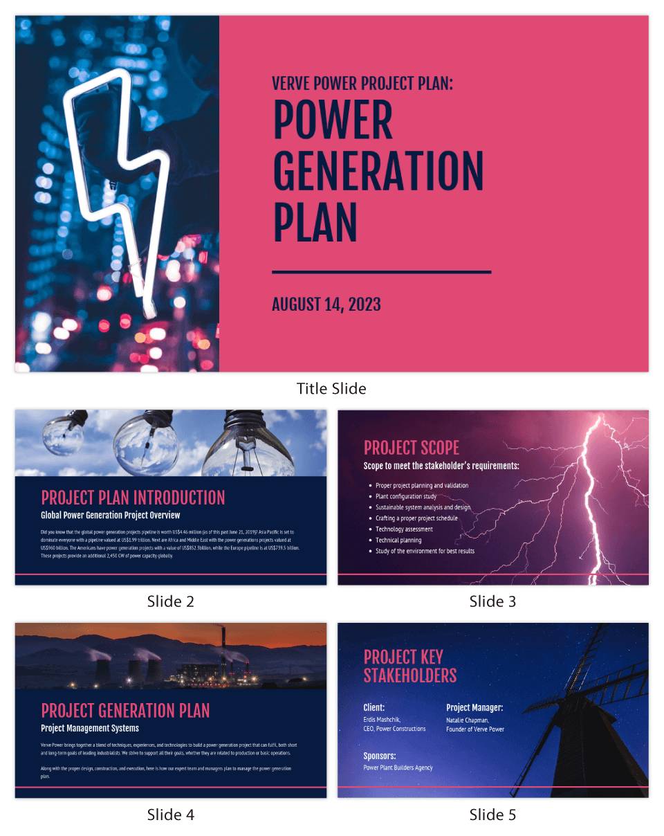 Plantilla para powerpoint que habla sobre la energía y utiliza imágenes como rayos, focos y molinos de viento que representan el tema principal