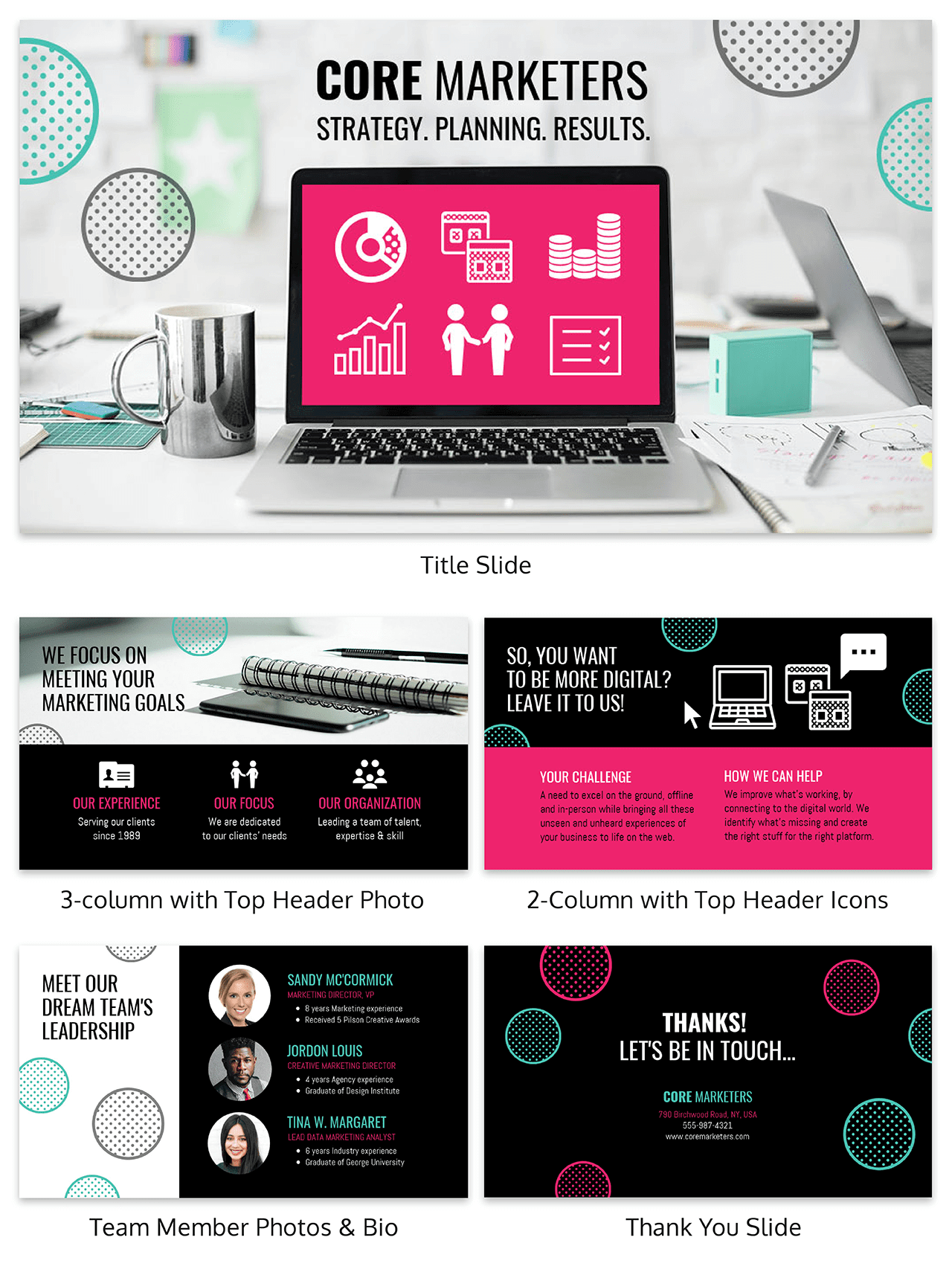 plantilla de powerpoint para equipos de marketing con colores vibrantes y texturas de puntos