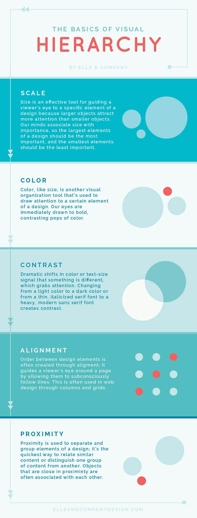 Infografía de la Jerarquía Visual de una marca que explica los principios básicos de su diseño: tamaño, color, contraste, alineación y proximidad.
