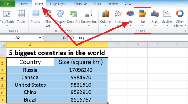 insert bar chart option excel