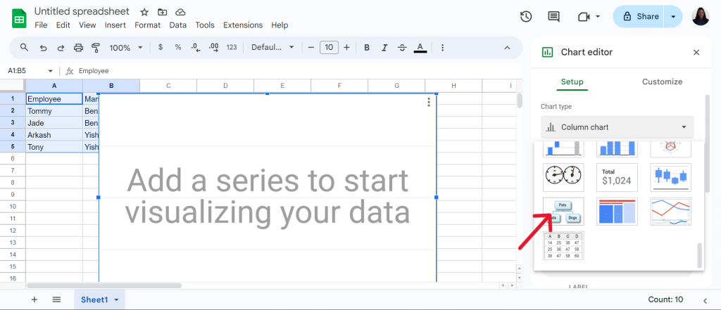 selecting chart type org chart google sheets 