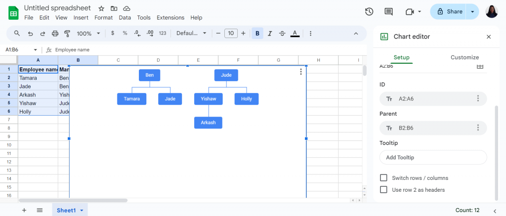 selecting chart type org chart google sheets 