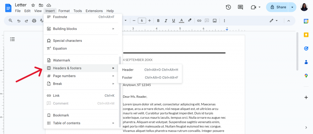 insert header and footers letterhead google docs