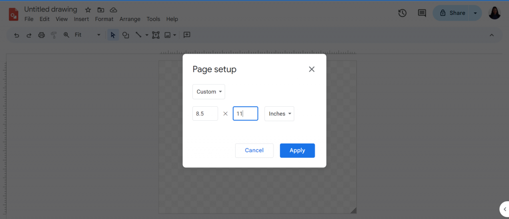 page setup change google drawings