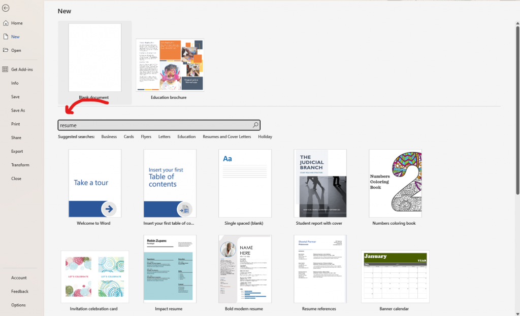 resume templates word search
