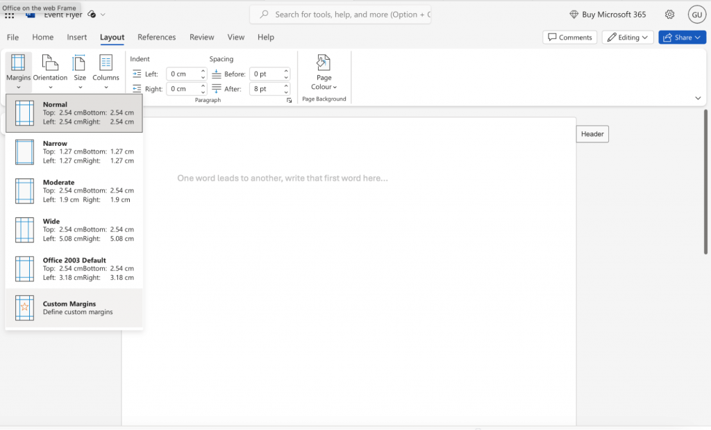 Customize margin in Word