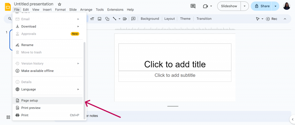 page setup google slides