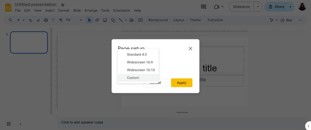 custom page setup google slides