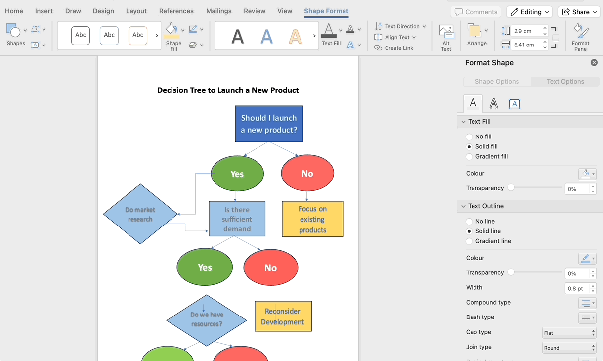 Add captions to decision tree in Word