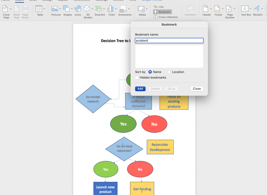 Add bookmarks to decision tree nodes in Word