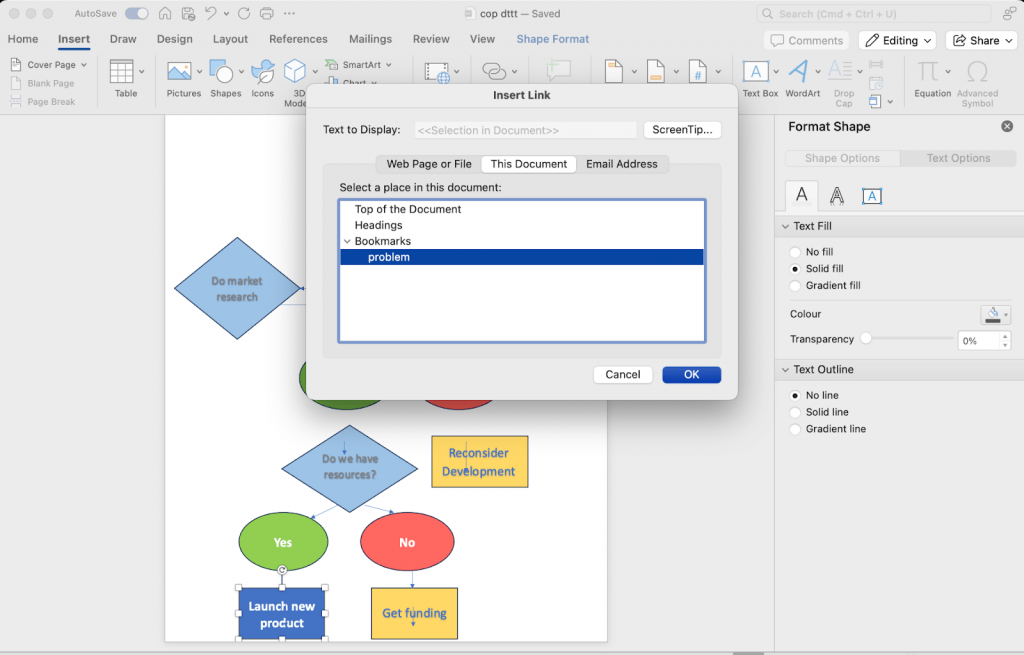 Connect links to decision tree in Word