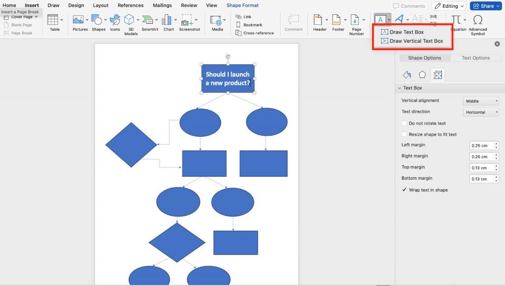 Add text to link nodes for creating decision tree in Word