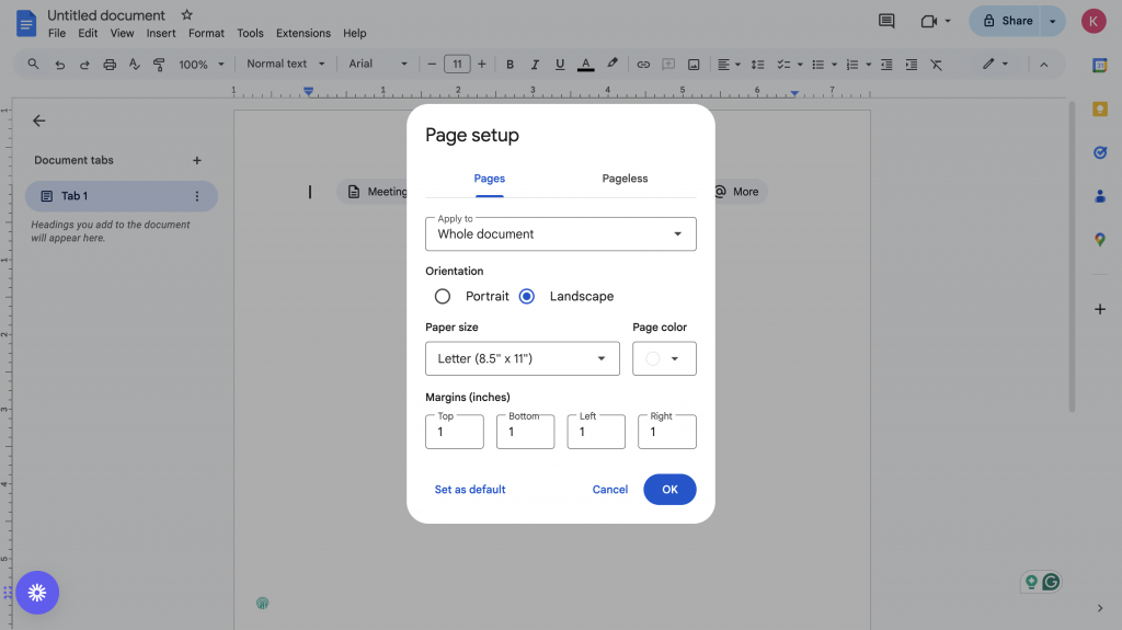 Screenshot 1: How To Adjust Page Orientation & Gridlines in Google Docs