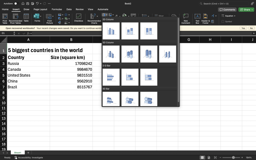 Step 2 – Insert a bar chart from the ribbon