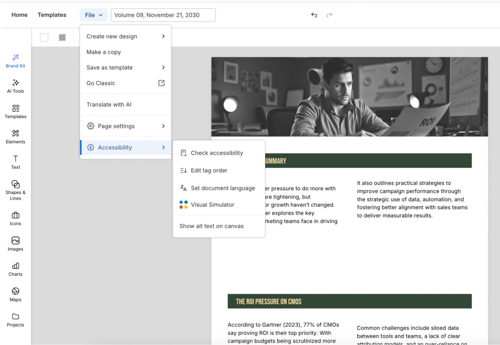 Checking a design's accessibility using Venngage's built-in accessibility checker