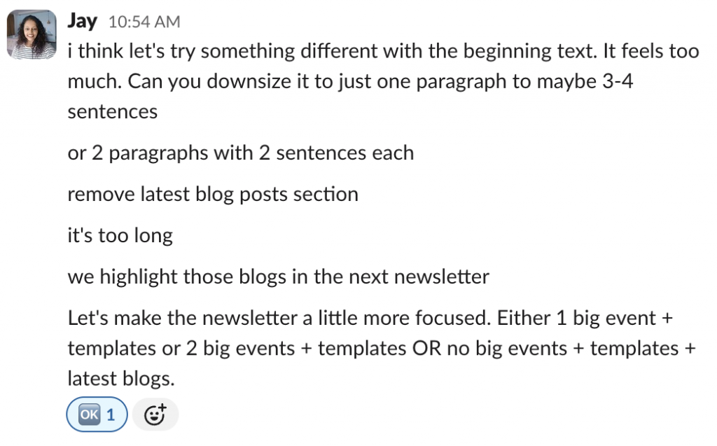 screenshot of a slack message asking to focus on core ideas in the newsletter