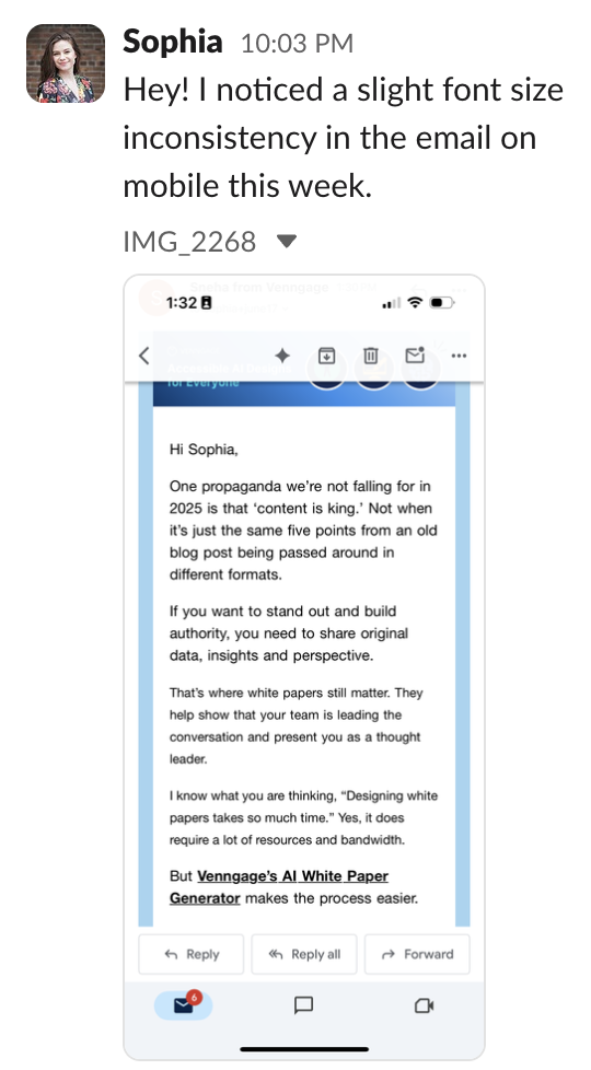 screenshot of a slack message telling about font inconsistency in the newsletter