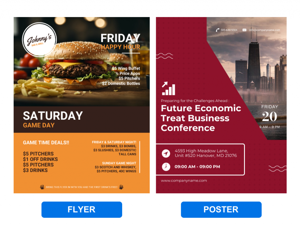 Images of a flyer and poster side by side for comparison