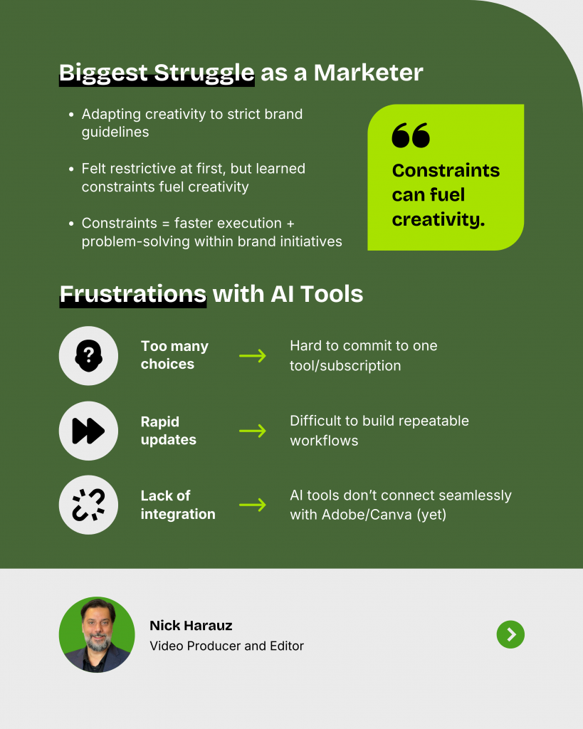 Infographic highlighting early struggles in creating visuals faced by Nick Harauz