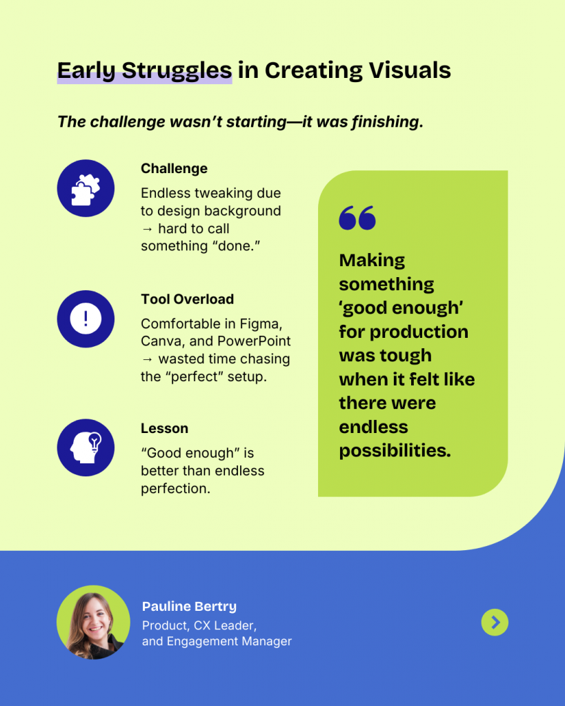 Infographic highlighting early struggles in creating visuals faced by Pauline Bertry