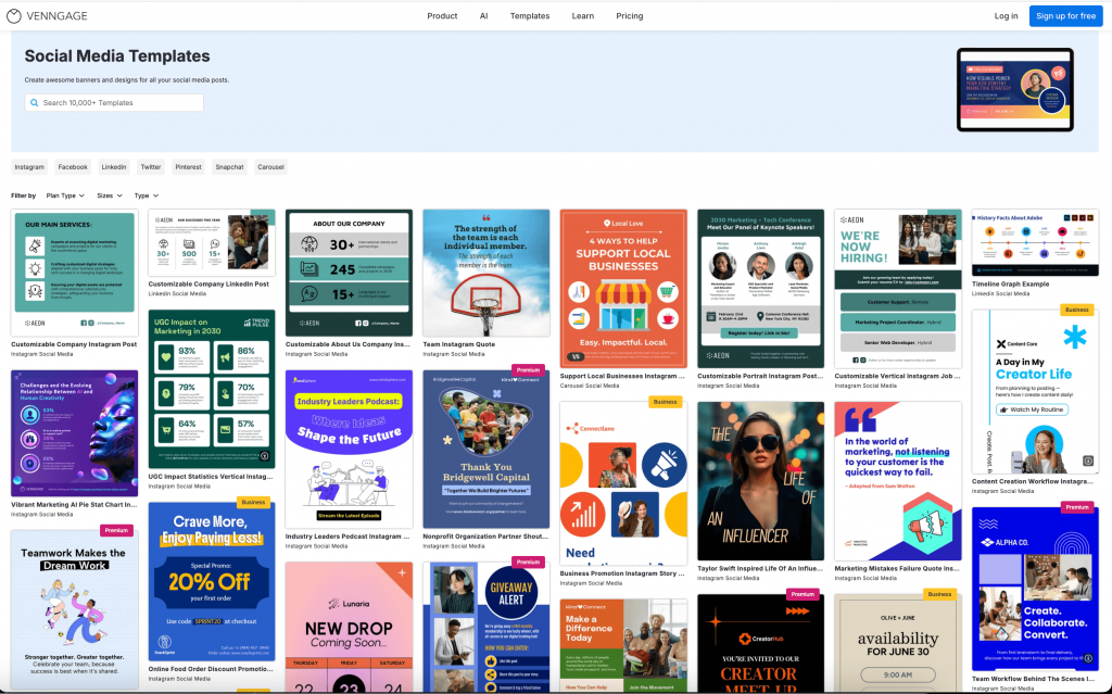 A screenshot of Venngage's social media post templates