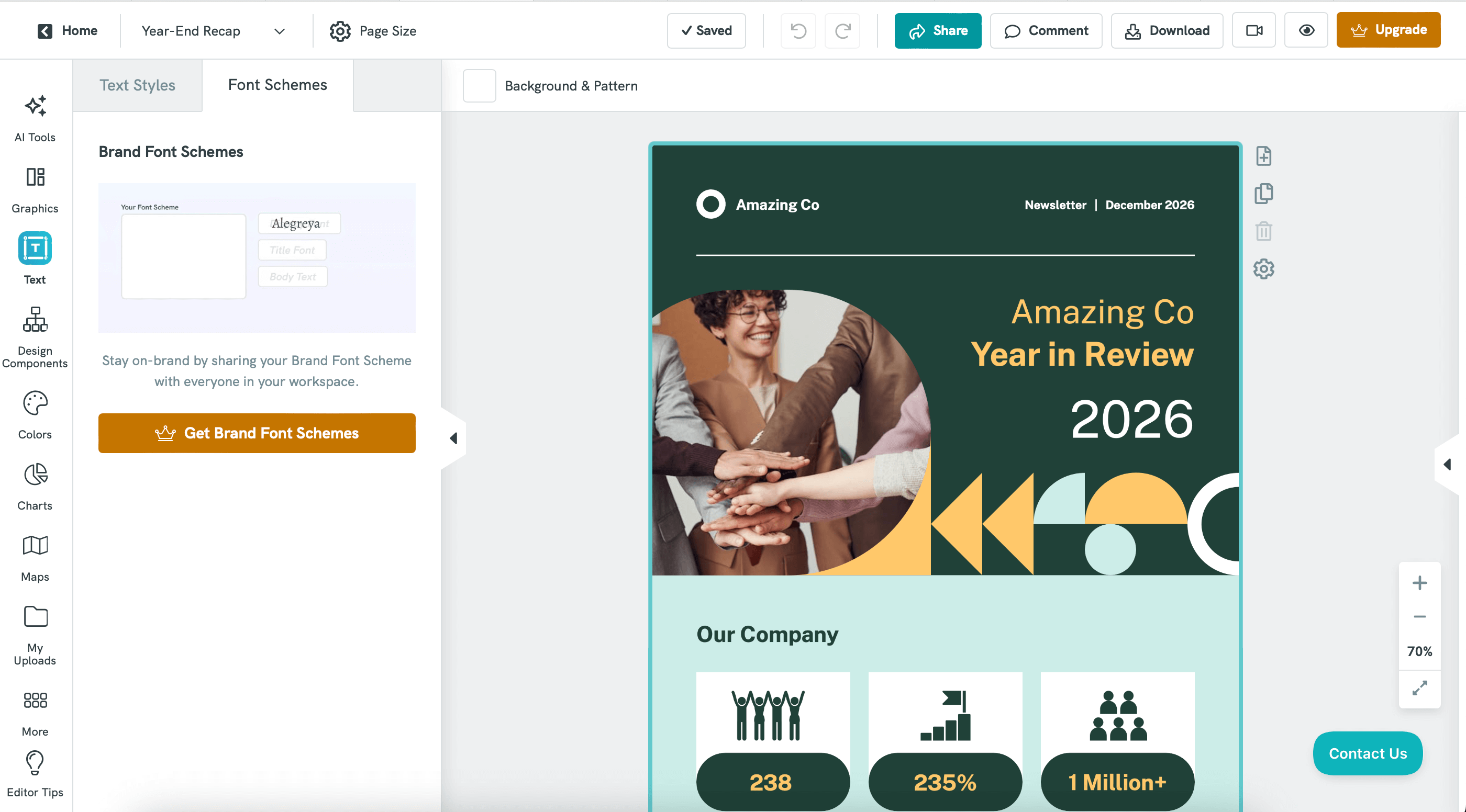 A screenshot of Piktochart's editor showing design options