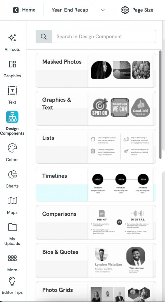 Design Components menu in Piktochart