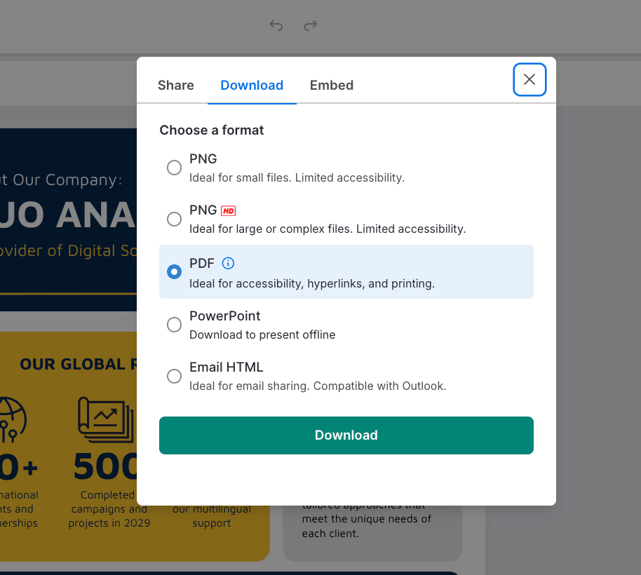 Venngage's design export options
