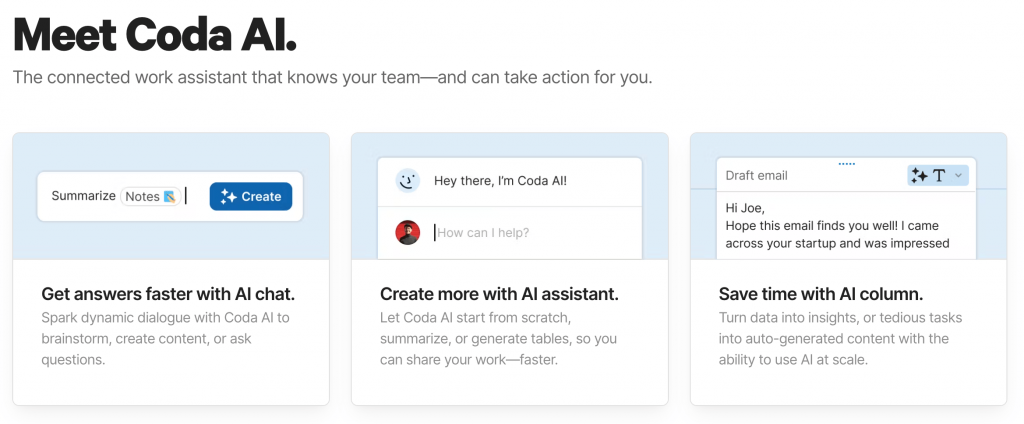Coda AI uses tables, formulas, and workflows to automate the document generation process