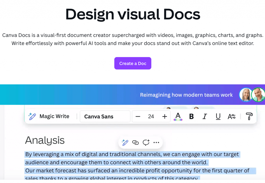Canva Docs is media friendly and lets you add images, graphics, and videos.