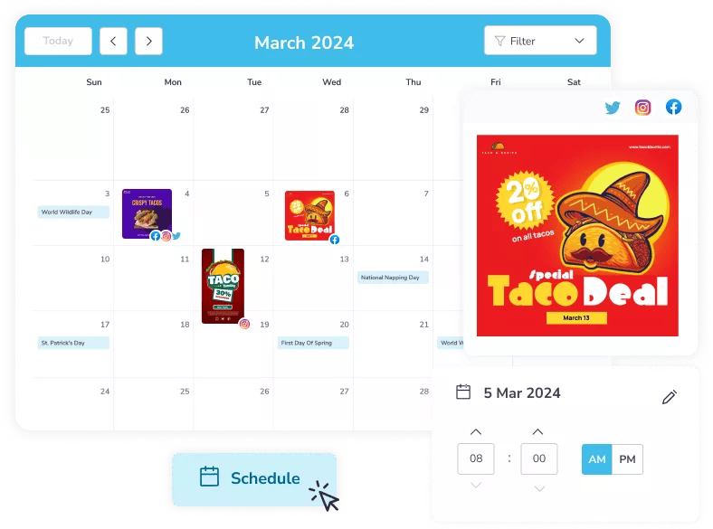 PosterMyWall has paid plan that allows you to schedule social media posts