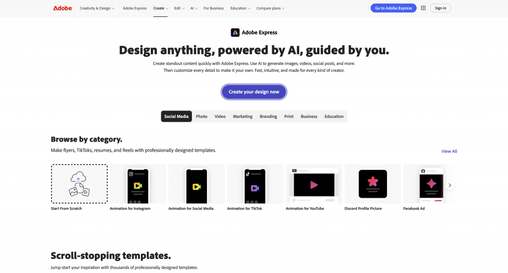 Screenshot of Adobe Express's homepage