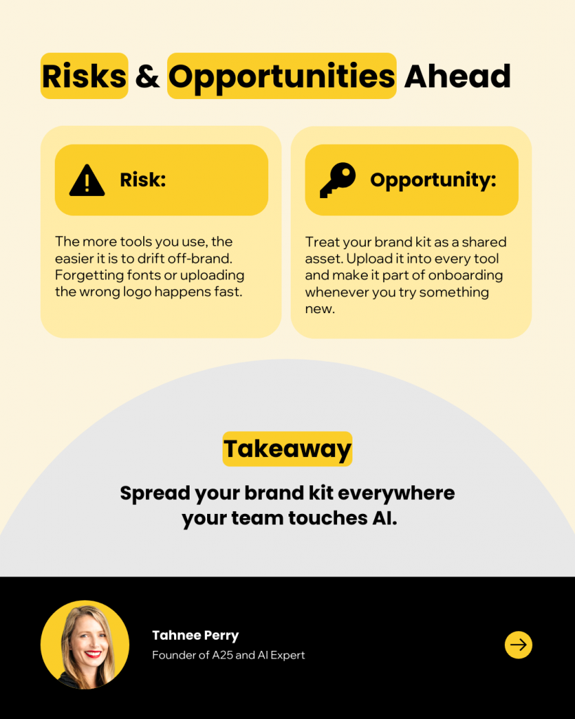 A visual explaining Tahnee Perry's insights on risk and opportunity of using Ai for designs