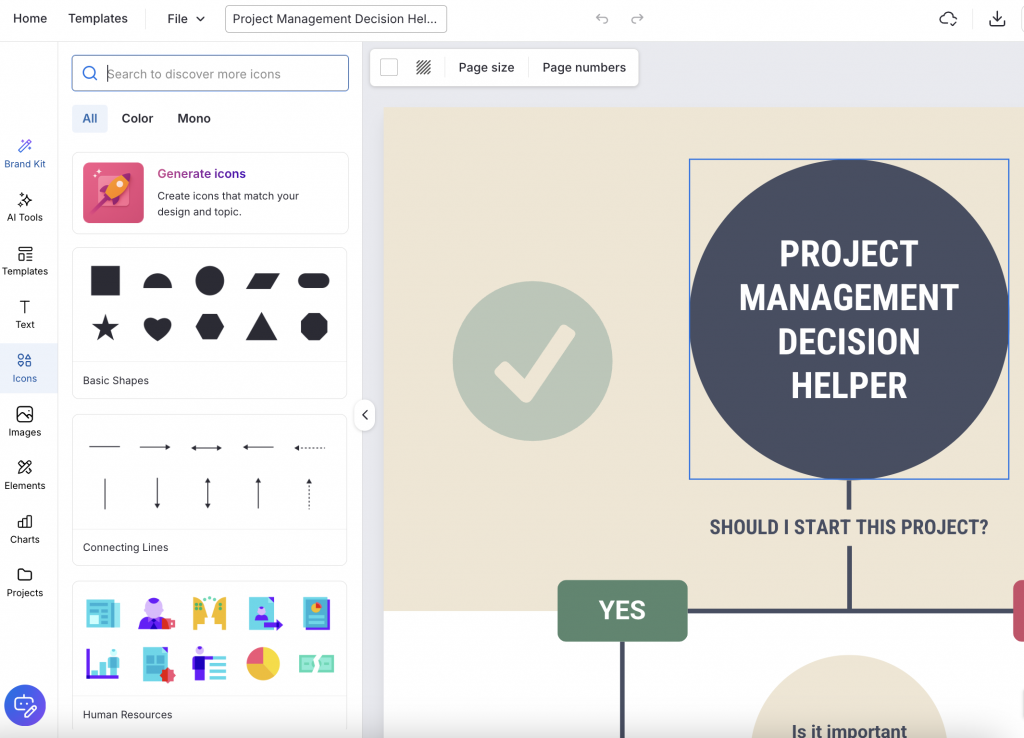 Venngage editor with necessary shapes to create a decision tree