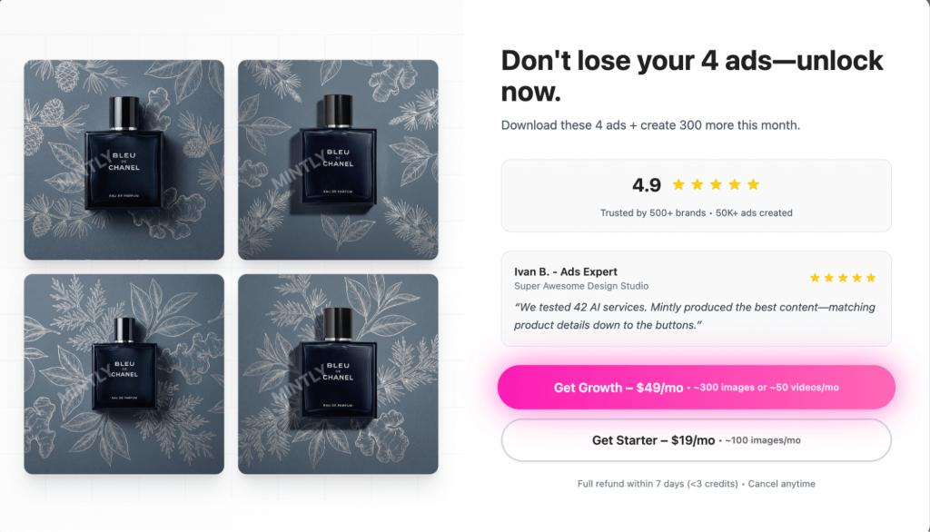 Sample product ads generated with Mintly