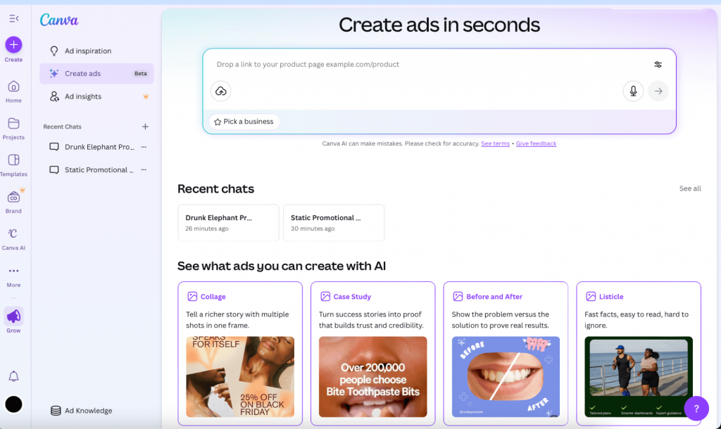 Canva AI ad generator tool