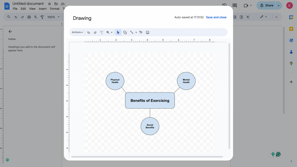 Screenshot of creating a mind map on Google Docs