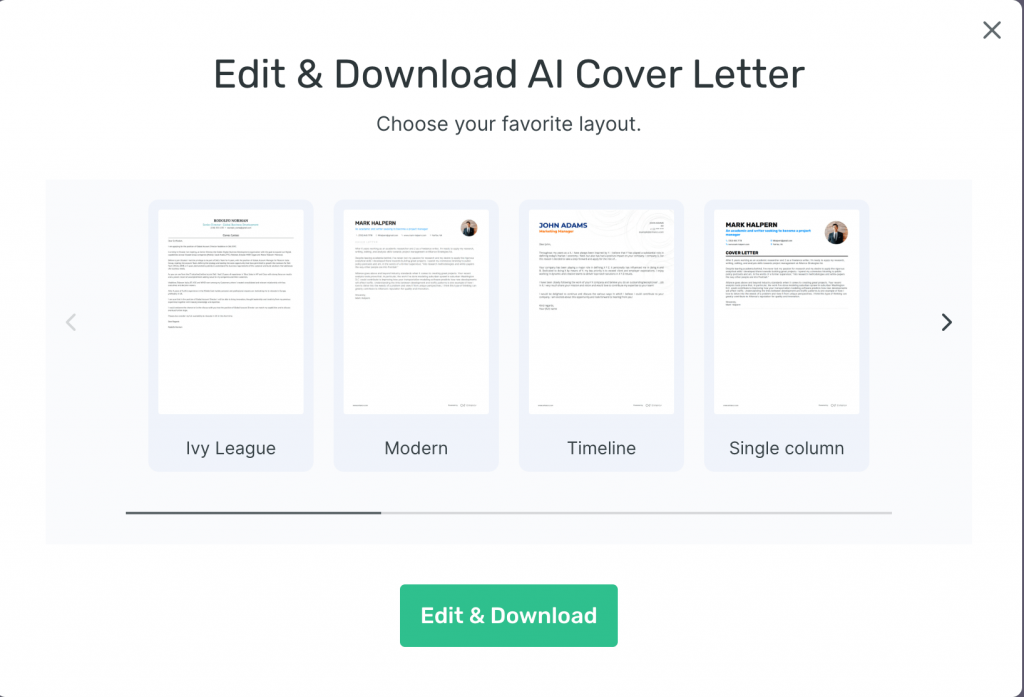 Different cover letter layouts in Enhancv