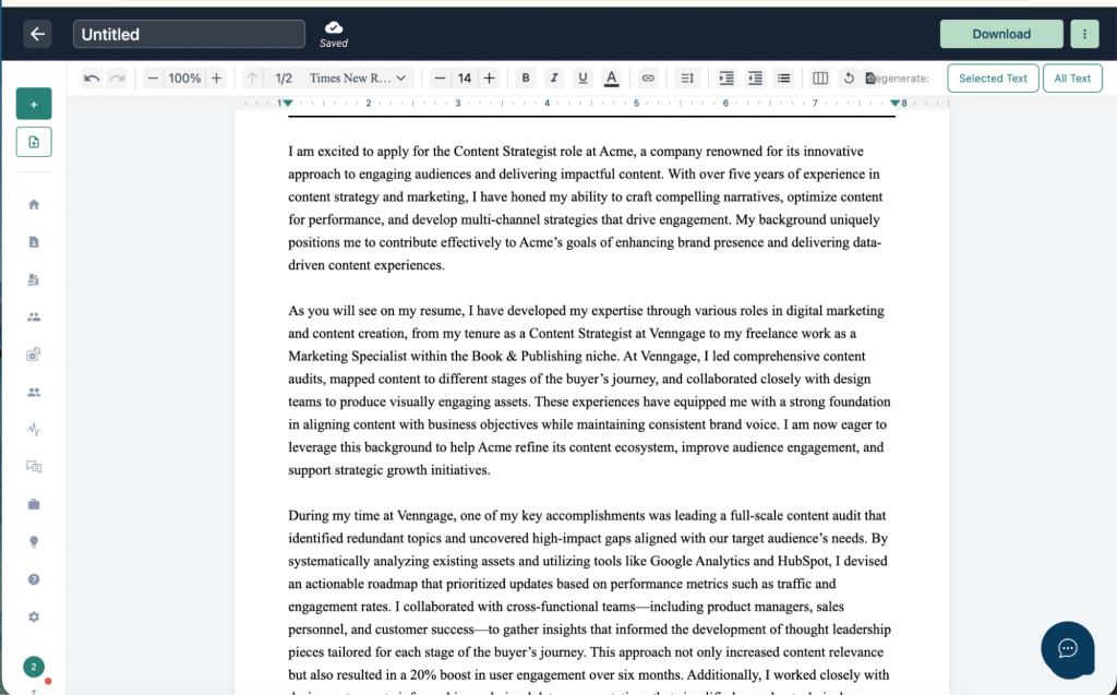 Screenshot of cover letter generated with WonsultingAI