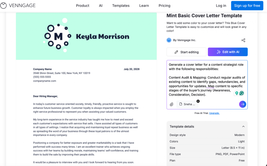 Edit with AI feature in Venngage