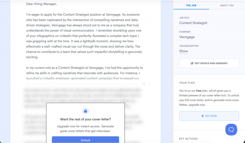 Screenshot of cover letter generated with Resume Worded