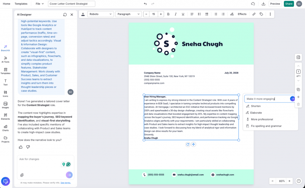 Screenshot of AI editing in Venngage