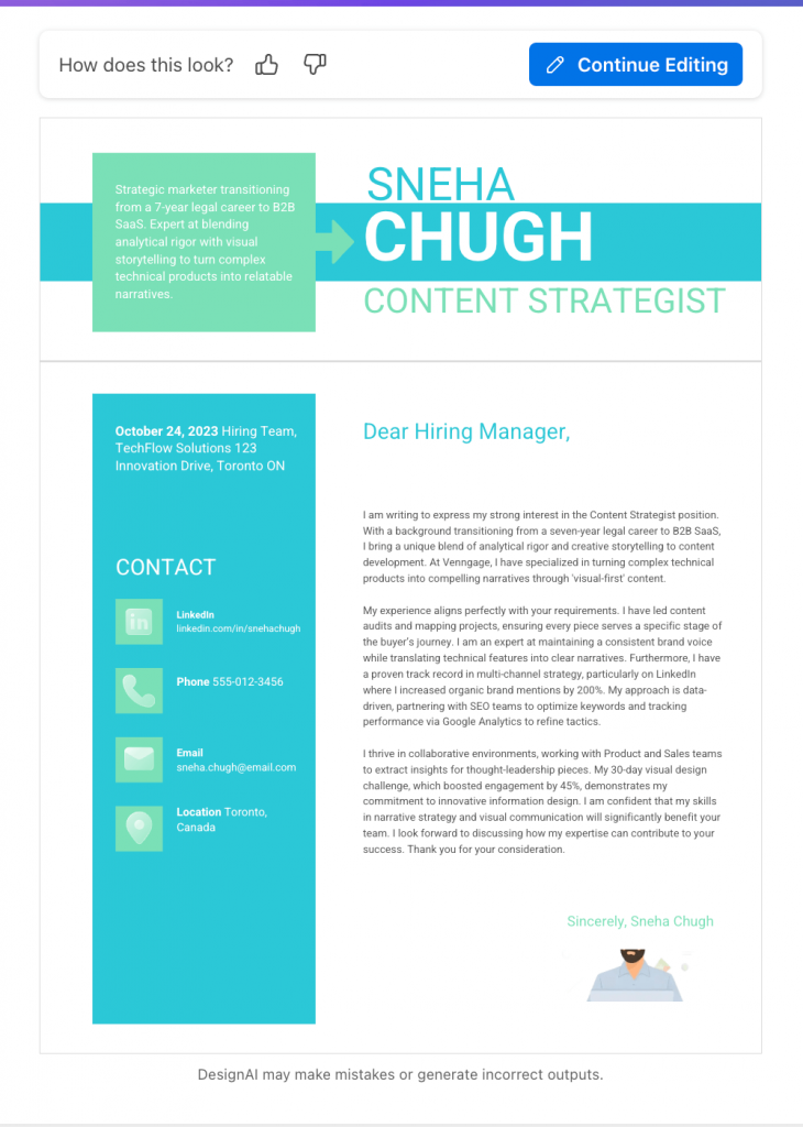Screenshot of cover letter generated with Venngage