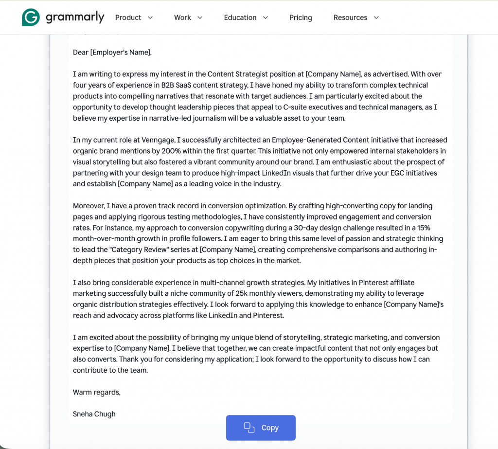 Screenshot of cover letter generated with Grammarly