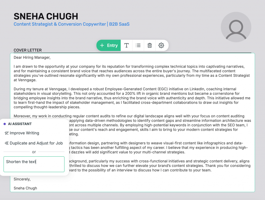 Screenshot of cover letter generated with Enhancv