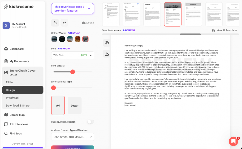 Kickresume AI cover letter generator