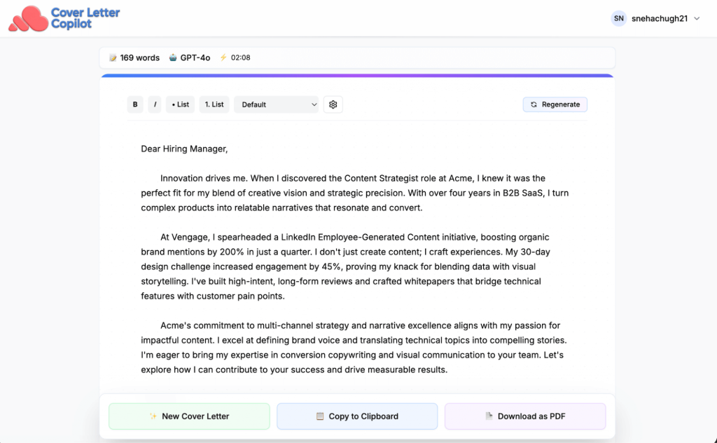 Screenshot of cover letter generated with Cover Letter Copilot