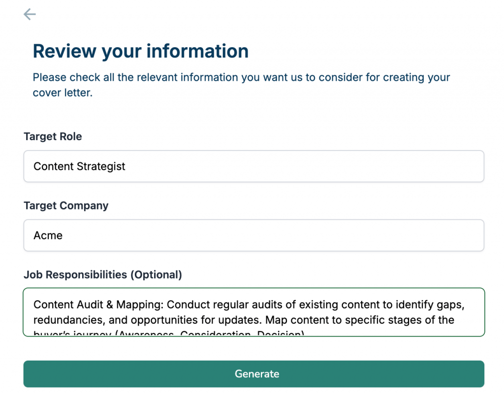 WonsultingAI Cover Letter Generator
